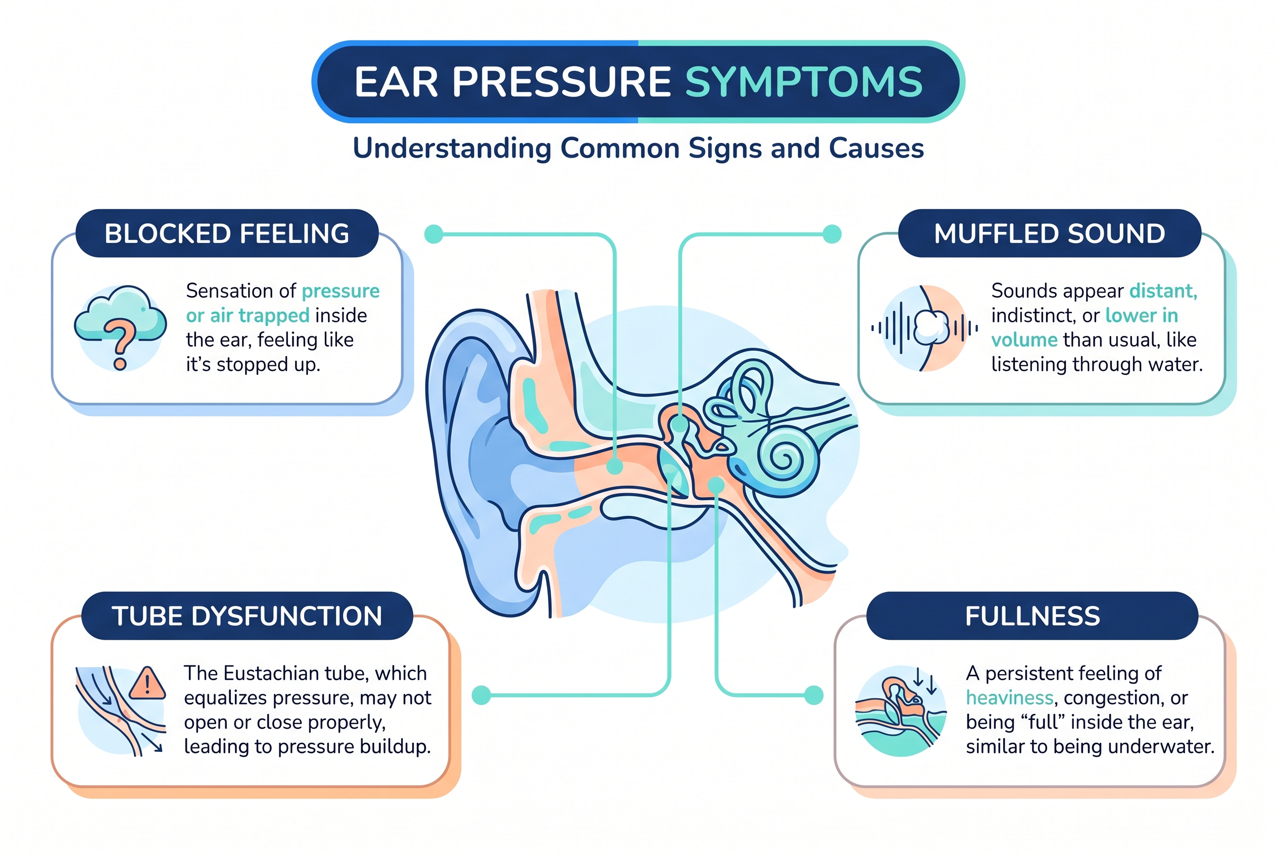 Medical illustration showing ear pressure symptoms including blocked ears, muffled sound, and eustachian tube dysfunction