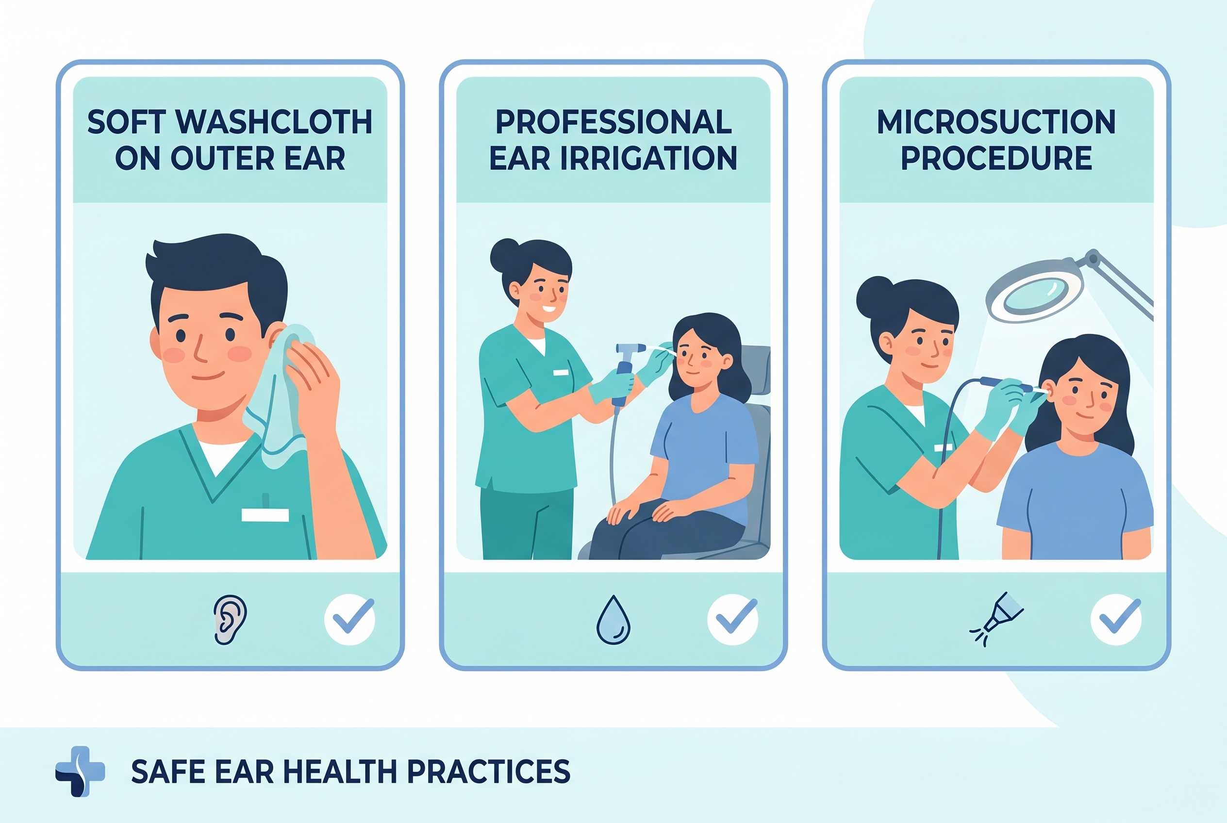 Professional earwax removal methods including ear irrigation, manual extraction, and microsuction at a hearing clinic